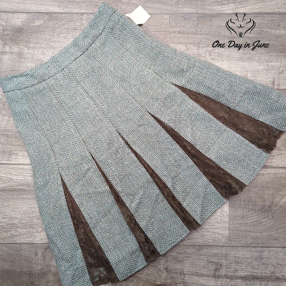 Worthington A Line Tweed Skirt Blue Silver Sage Lace Inset NWT Size 6